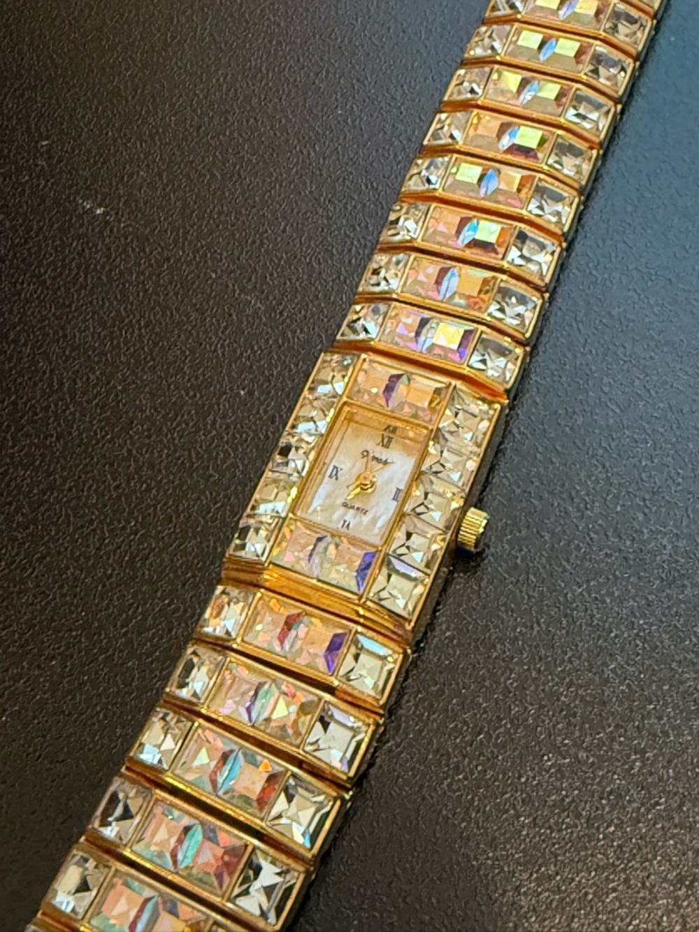 Vintage " Xanadu " Gold Tone w/ AB & Clear Crystals Women Fashion Wristwatch